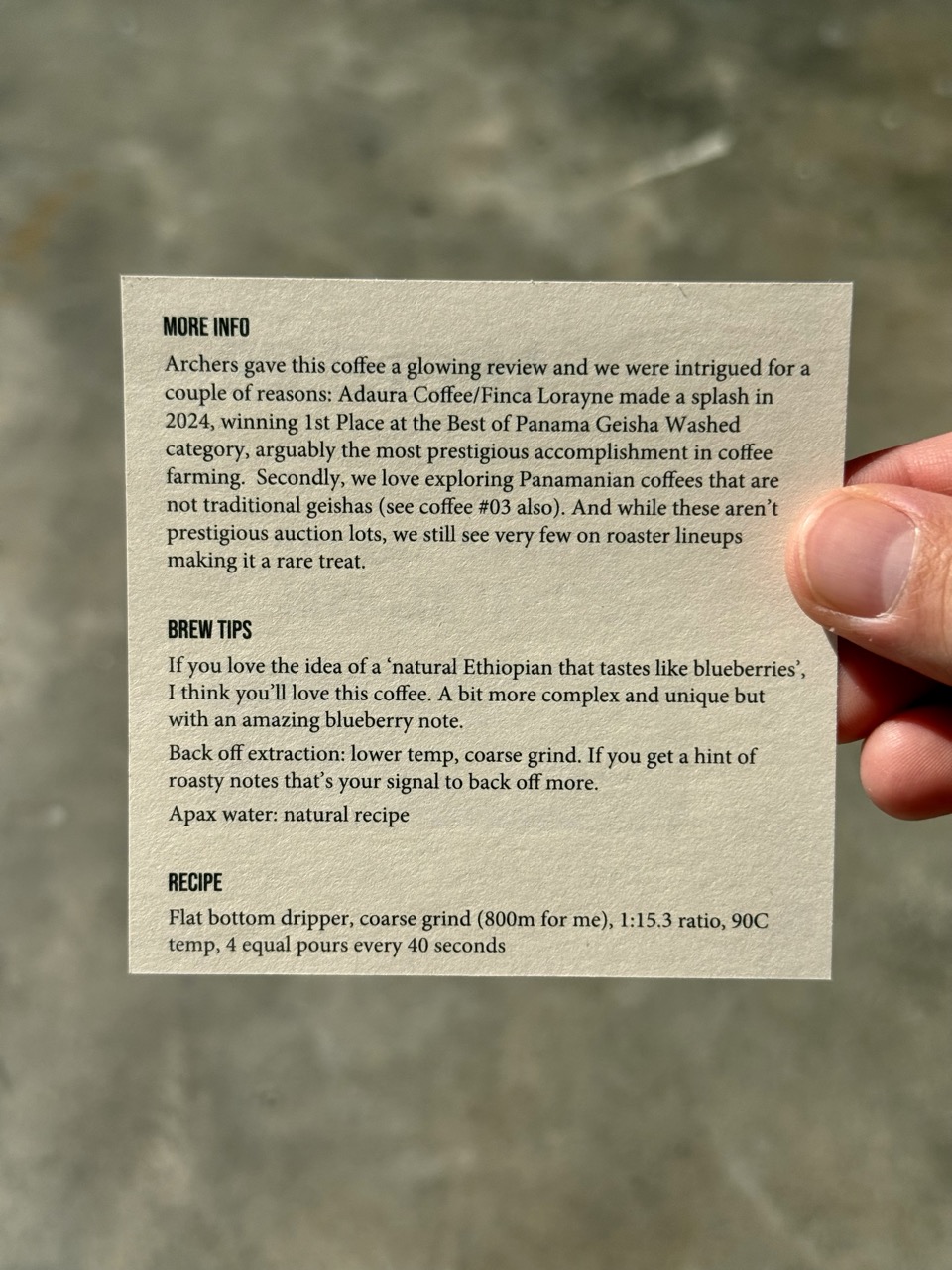 A printed feature card with More Info, Brew Tips and a Recipe