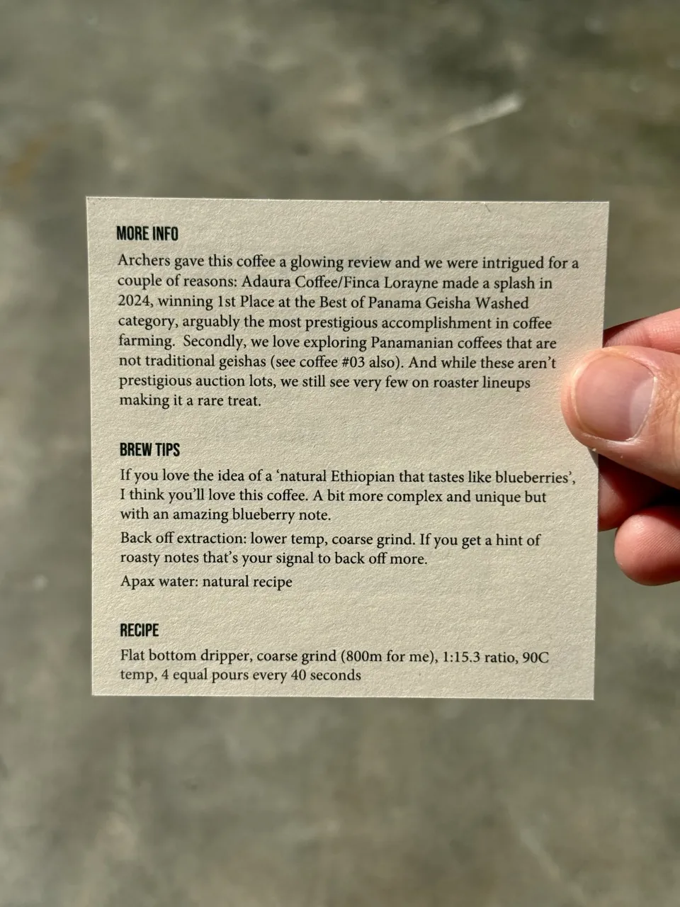 The back of a feature card — More Info, Brew Tips, and a dialed-in Recipe for that month's coffee